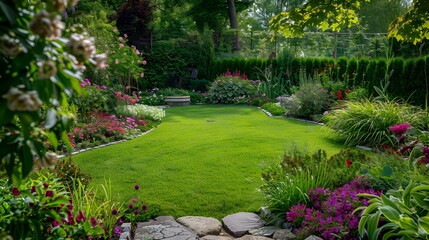 Mixed borders with lush flower beds framed