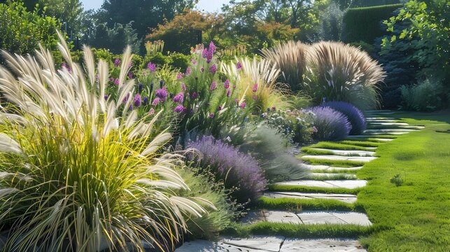 Mixed borders with colorful perennials and ornamental