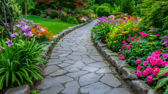 A flagstone paved path surrounded by bright