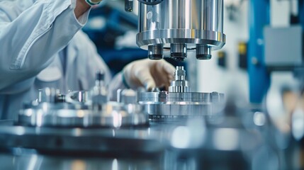 Industrial engineer using a pressing machine on metal parts