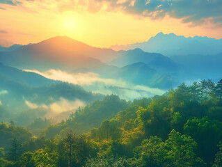 Obraz premium morning sunrise over a misty mountain range and forest. 