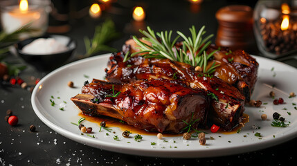 German pork knuckle in a white plate in a luxurious shop. Vector style.