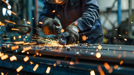 Naklejka premium Industrial engineer using a polishing machine on metal parts
