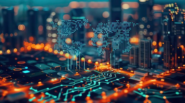 Active world trade, world market. Global electronics market background. Generative AI