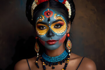 Woman with blue face painted with flowers and beads