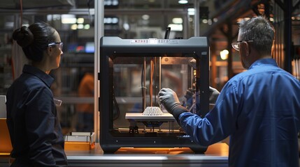 Technicians inspecting a 3D printer in a manufacturing facility
