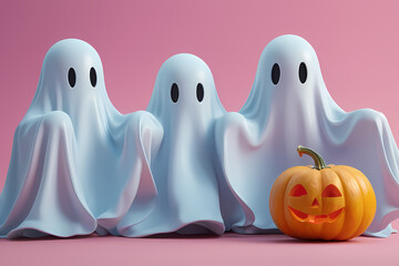 Obraz premium Three spirits by pumpkin on pink, halloween card