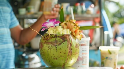 With a freshly coconut as a cup customers sip on creamy and fruity concoctions from the tropical smoothie bar on wheels.