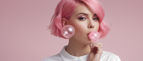 Fototapeta premium Pink-haired woman blowing pink bubble