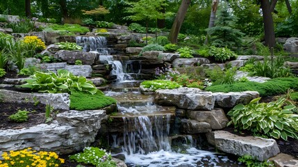 Rock gardens with miniature waterfalls flowing down picture