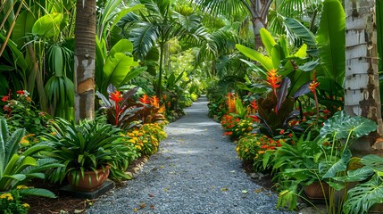 Tropical style garden with exotic plants such