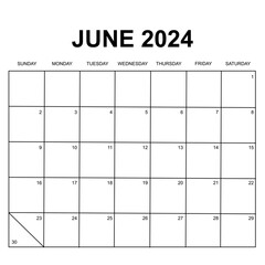 june 2024. monthly calendar design. week starts on sunday. printable, simple, and clean vector design isolated on white background.
