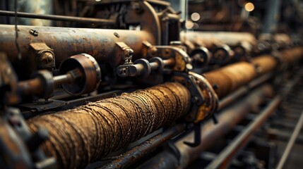 Vintage textile machinery with worn-out spindles