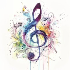  Watercolor painting of a floating musical note, ethereal and abstract, surrounded by swirling melodies and musical, on isolated white background, Generative AI