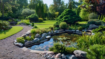 A rock garden with ponds surrounded picture