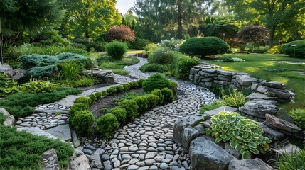 A rock garden with winding paths made picture