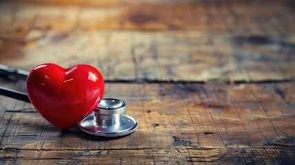Fototapeta premium Red heart and stethoscope on wooden table space for text healthcare concept