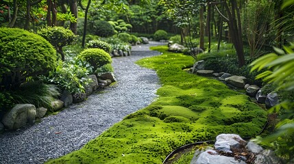 A moss garden with gravel paths surrounded