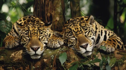 Obraz premium Majestic Jaguars Resting in the Enchanting Amazon Rainforest - Wildlife Photography Capturing Powerful and Elusive Predators