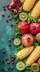 Bright and colorful selection of fresh produce, featuring corn, kiwi, and pomegranates, arranged artistically on a green background