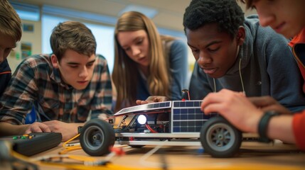 A group of students work together to build a small solarpowered car learning about renewable energy and engineering principles in the process.