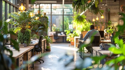 Naklejka premium Amidst a green and sustainable office setting, employees navigate their day in a space designed with nature-friendly principles. The workspace, with its lush plants and eco-conscious design,