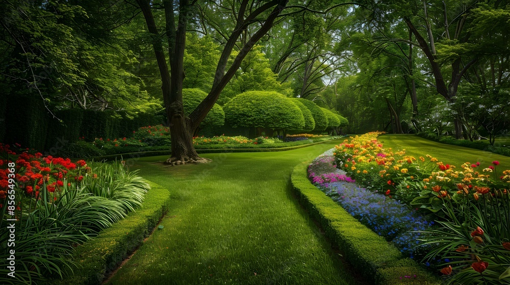 Wall mural tapeworms with trees surrounded by colorful flowers image