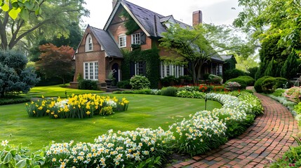 Trimmed lawns and flower beds with petunias picture