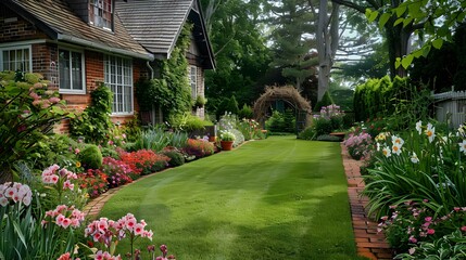 Naklejka premium Trimmed lawns and flower beds with petunias image