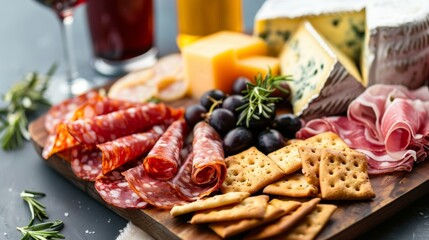 A photo of a mouthwatering charerie board with crackers artisanal cheese and cured meats perfect for snacking on the sandy shores.