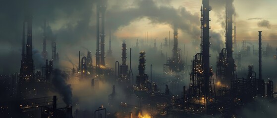 Industrial Sunset - A Black Oil Factory at Dusk with Towering Distillation Columns and Intricate Pipe Networks Illuminated by Warm Glow of Lights