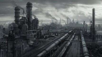 Obraz premium Industrial Oil Refinery with Silos and Pipework Surrounded by Railways and Roads under Cloudy Sky