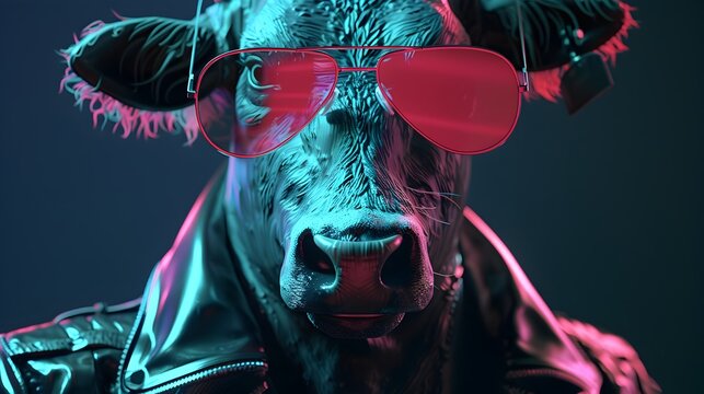 Anthropomorphic Cow Headed Man in Sleek Synthetic Sunglasses Depicts Sublime Beauty and Calm Majesty