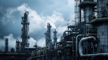 Industrial Megalith: Oil Refinery with Black Storage Tanks and Extensive Piping Systems under an Overcast Sky
