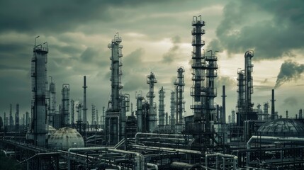 Industrial Oil Refinery with Black Storage Tanks and Piping Systems under Overcast Sky - Symbolizing Massive Scale of Operations