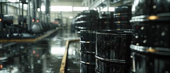 Fototapeta premium Industrial Grit: Close-up of Stacked Black Oil Barrels in Factory with Machinery Background