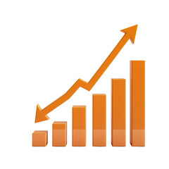 Orange bar chart with ascending arrow representing growth, progress, success, and upward trends in business or finance, isolated on a white background, transparent background.