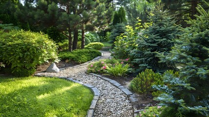 Naklejka premium Coniferous plants with dwarf pines planted along image