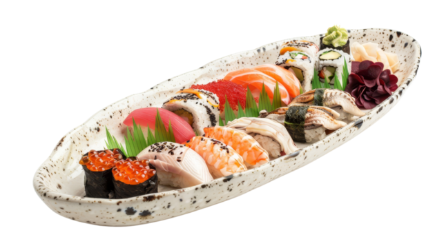 Elegant platter of assorted sushi rolls and nigiri, garnished with wasabi and ginger, on a white ceramic dish, isolated on a white background, transparent background.