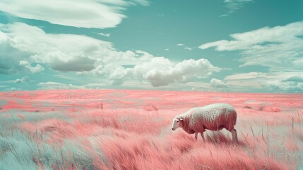 Fototapeta premium Dreamy Sheep: Surreal Infrared Landscape with Vibrant Grazing Flock