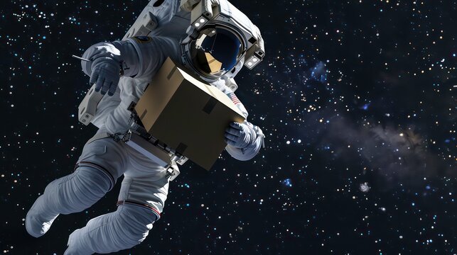 Astronaut with cardboard box delivery in space. Generative AI - Powered by Adobe