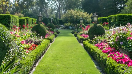 Fototapeta premium Lawns with hedges surrounded by flowering beds