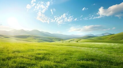Fototapeta premium Breathtaking Verdant Meadow with Majestic Mountain Range and Cloudscape in Serene Countryside Scenery