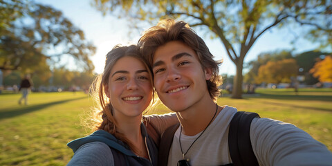 Obraz premium A young couple taking a selfie together in a scenic park. they are dressed in casual clothing, with smiles on their faces. the background includes trees, grass, and a clear sky