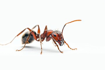 Naklejka premium Detailed illustration of a fearsome Fire Ant, showcasing its two mandibles, two antennae, and six legs, against a stark white backdrop.