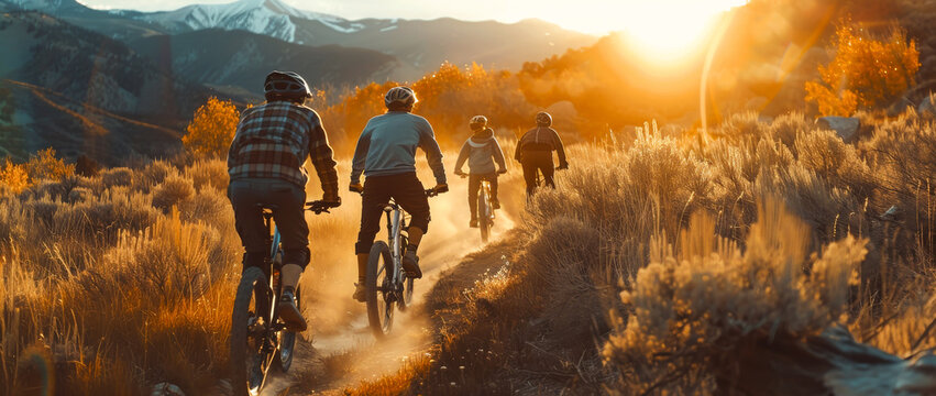 Group of athletes mountain biking uphill at sunset