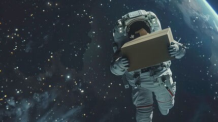 Astronaut with cardboard box delivery in space. Generative AI