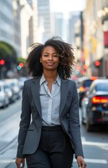 An attractive black woman with curly hair, in business attire, smiling at the camera while crossing the street