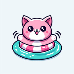 Vector mascot of a cat swimming with a buoy in a cute and simple cartoon style