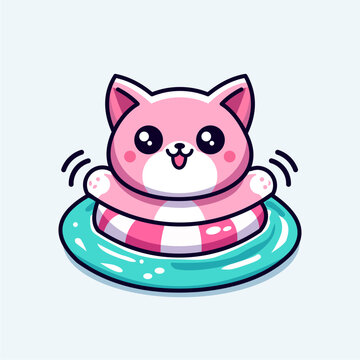 recommend clip art: Vector mascot of a cat swimming with a buoy in a cute and simple cartoon style